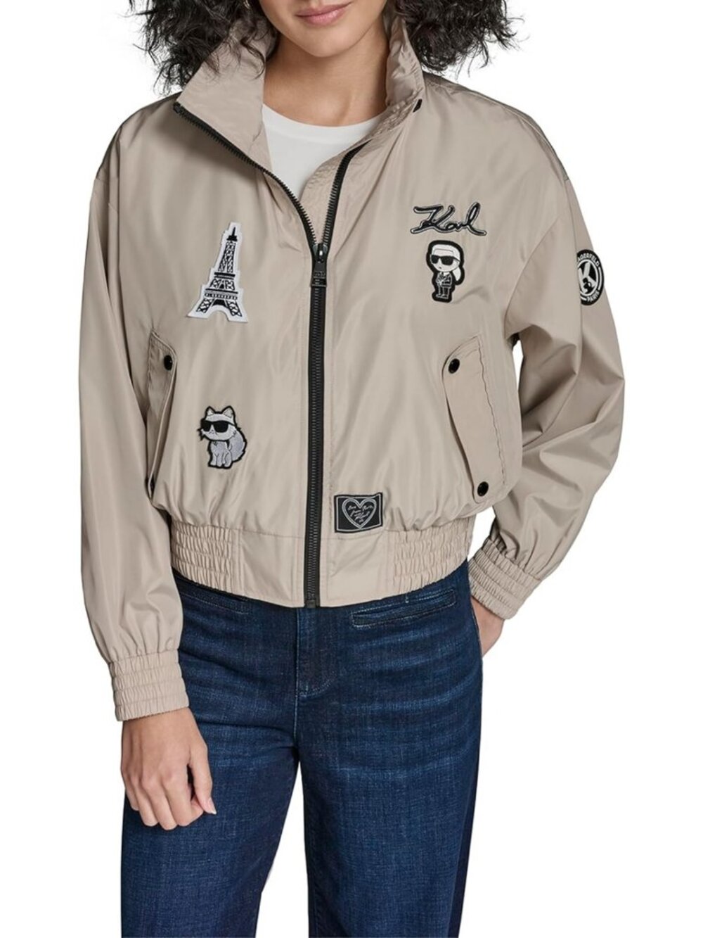 Chic Women's Logo Patch Bomber Jacket - Trendy Outerwear for Stylish Looks